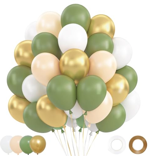 Globos Verde Dorado, 62 Piezas Globos de cumpleaños Verde Oliva Oro, Globo Dorado Blanco Nude con Globo Oro Metálicos para Decoración Cumpleaños Niño Baby Shower Bautizos Jungla Safari, 12 Pulgadas
