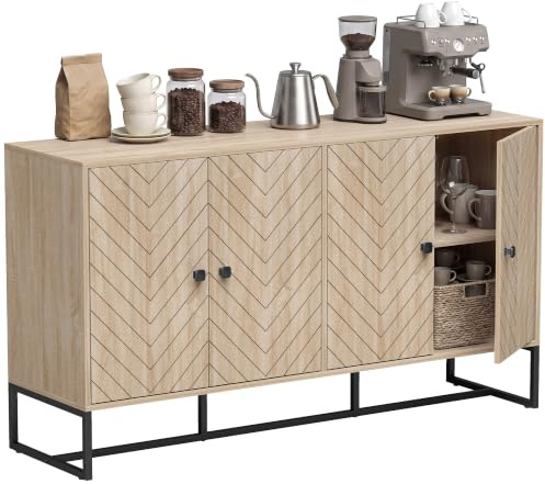 HOMCOM Aparador de 3 Puertas Diseño Chevron 140,5x40x81,5 cm Roble | Aparador de Salón, Estantes Ajustables, Patas de Metal, Armario para Cocina, Entrada, Dormitorio