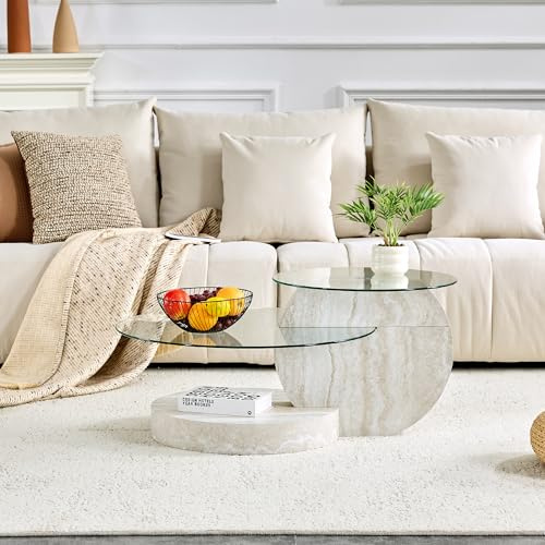 JUFU Couchtisch rund 2er Set Glas, Wohnzimmertisch mit Stauraum modern, Kaffeetisch mit Oberfläche aus Hartglas und MDF Gestell in Marmoroptik (Hell Beige Marmor)