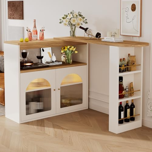 FammyLoft Bartisch Klappbar mit Stauraum, Bartisch Küche mit LED, Moderner Beweglicher Bar Tisch, Bar Table, Hochtisch, Kücheninsel, Küchentheke, Stehtisch Bistrotisch, (138-193X39X105cm), Weiß