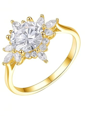 Tolldek 9K/14K/18K Weiß Gold Hochzeitsband Echter Schmuck, Blumen Freundschaftsringe mit Moissanit, Pärchen Ringe Weißgold Au 375/585/750, Gr.47-65