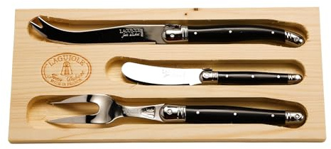 Jean Dubost Laguiole 3-Piece Cheese Set, Black Handles - Rust-Resistant Stainless Steel - Includes Wooden Tray - Made in France