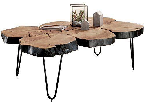FineBuy Möbel zum Wohlfühlen Massiver Couchtisch Harlem 115 x 70 x 40 cm Massiv Holz Akazie Baumstamm Tisch | Design Wohnzimmertisch aus Baumstamm Scheiben Massivholz | Metall Beine