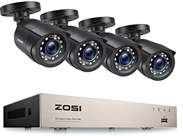 ZOSI Kit de Cámara Vigilancia Seguridad 5MP Lite 8CH H.265+ Grabador DVR con (4) 2MP Cámara Exterior, Visión Nocturna, Alarma de Movimiento, sin Disco Duro