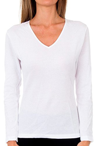 Playtex T-Shirt Femme Col V Thermique 100% Coton Manches Longues Thermal Natural x1, Blanc, L