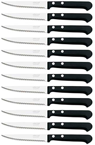 Arcos Cuchillos de Mesa Caja de 12 uds Cuchillo Chuletero Cuchillo de Mesa, Hoja de Acero Inoxidable NITRUM 110 mm, Mango de Nylon, Color Negro (12 uds)