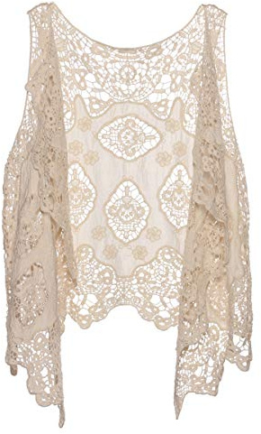 Berax Damen Weste Cardigan Sommer Hippie Gilet Häkeln Hohl Spitze Irregular Boho Ärmellos Cardigan Weste Kurz (Beige)