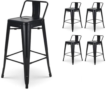 Kosmi - set med 4 mattsvart metall barstolar med liten ryggstöd, barstolar i metall höjd 66 cm perfekt för 90 cm bord, centralö eller bänkskiva