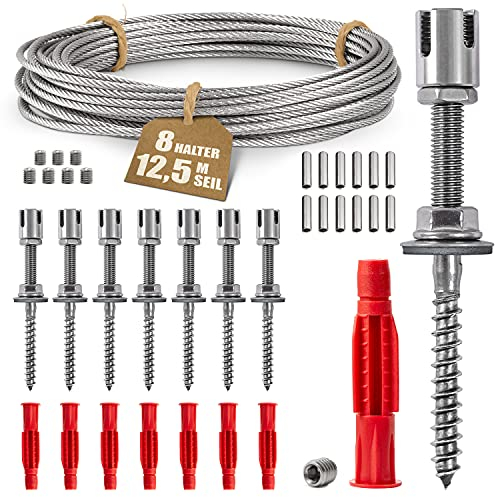 GARDELI® Rankhilfe aus Edelstahl für Kletterpflanzen, Profi-System als Komplettset mit Wandhaltern und 3mm Stahlseil (8 Halter, 12,5m Seil)