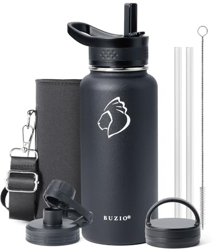 Trinkflasche mit Strohhalm 1L, BUZIO Edelstahl Trinkflasche Deckel und Isolierte Wasserflasche für Sport Auslaufsichere Isolierflasche, Schwarz