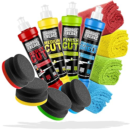Garage Freaks Handpolitur Set Komplettpaket: Heavy Cut + Medium 250ml + Finish + Protection Carnauba Shield 250ml + 4X Polierschwamm + 4X Mikrofaser Poliertücher 40x40cm 550GSM