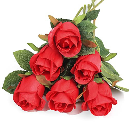 PanBeiQi 6 Pcs Artificial Roses Flowers, Single Stem Silk Faux Flowers Roses, Fake Realistic Artificial Red Roses Bouquets for Wedding Floral Arrangements Home Party Centerpiece Decoration