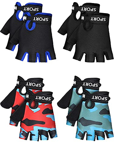 SATINIOR 4-Pairs Kids Bike Gloves, Fingerless Gloves for Boys & Girls, Non-Slip Cycling Glove with Adjustable Strap, Breathable Half-Finger Zip Line Climbing Glove, Birthday Gift