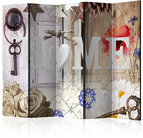murando - Paravent Raumteiler Home Holz-Optik Blumen, 225x172 cm, 5-teilig | Mobiler Sichtschutz, sofort einsatzbereit, Holzrahmen, ideal fürs Wohnzimmer oder Büro, geruchsneutral, lichtbeständig