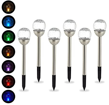 Relaxdays Lampes solaires d’extérieur, lot 6, éclairage Boule LED Jardin, Couleurs changeantes, étanche, Piquet, argenté