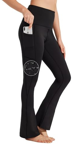 BAYGE Damen Bootcut Yogahose Hohe Taille Wasserdicht Blickdicht Bauchkontrolle Slim Fit Leggings Sporthose Schlaghose Sweathose Fitnesshose mit Taschen, Schwarz, S