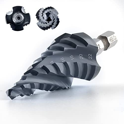 toolant® Kobalt HSS Stufenbohrer [6,35mm Schaft] - Ø 4-22mm Vier Spiralnuten Stufenbohrer,für Metall, Edelstahl, Kunststoff, Holz - 10 Stufen Konusbohrer