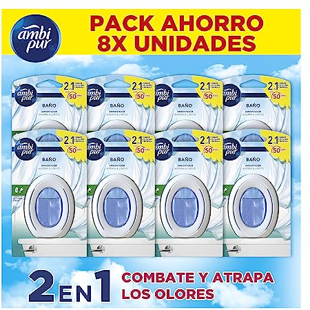 Ambi Pur Ambientador Continuo Para El Cuarto De Baño, Paquete de 8, Elimina los malos olores y deja un aroma fresco y ligero en el cuarto de baño