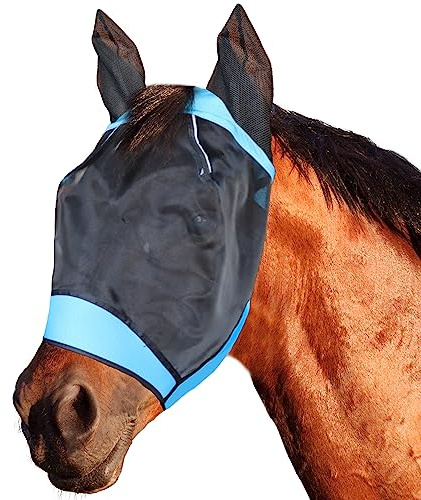 SMFUSMFU Fly Masks for Horses Equestrian Horse Supplies Horse Fly Mask with Ear Breathable Fine Mesh for Eye Protection from Insect Pests and UV Protection, Adjustable Fit for Comfort (Blue, Large)