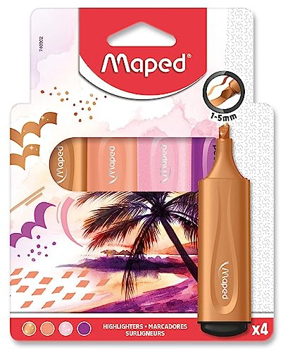 Maped - 4 Surligneurs Fluo Peps à Pointe Biseautée - Durée Longue pour Usage Scolaire et Professionnel - Encre Pastel, Fluo et Paillettes - Thème Sunset Rose/Violet