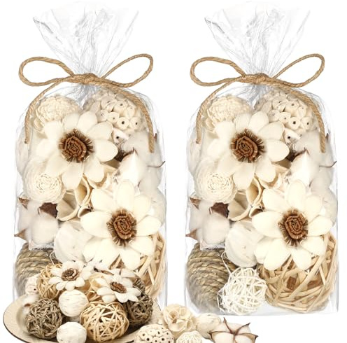 Riceshoot 2 Pack Decorative Balls Potpourri Bowl Filler Decor Natural Vase Bowl Filler Assorted Spherical Rattan Twigs Wicker Balls Cotton for Home Centerpiece(White)
