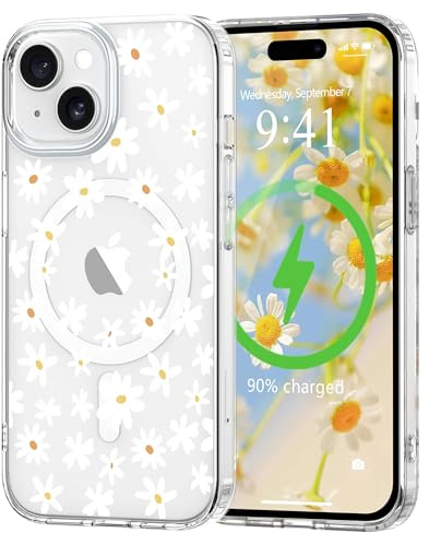 L-FADNUT für iPhone 15 Hülle Transparent Blumen Muster Weiß | Magnetisch Handyhülle Kompatibel mit MagSafe, Durchsichtig Schutzhülle Hart PC Rückseite Dünne Stoßfest Kratzfestes Case