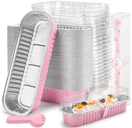 LOKQING 50 Pack Mini Loaf Pans with Lids Rectangle Individual Cake Pans Aluminum Foil Pans for Large Gatherings Picnics Vacations Parties Mothers Day Party Favors(Pink, 6.8 OZ)
