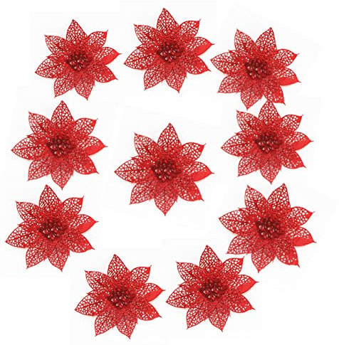 dvnFWKc Decorate Artificial Flowers, 10 stücke von Baum Dekoration Weihnachten Hochzeit Party Hause Kranz schmuck hohl Flash Blumen(Red)