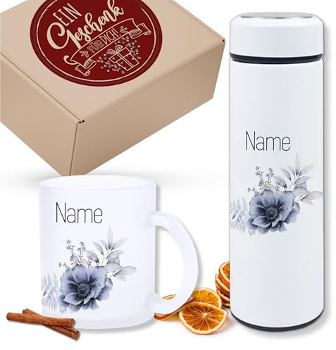 GRAZDesign Geschenkset Weihnachten Thermo Teeflasche mit Tasse, personalisiert mit Namen Motiv Blume