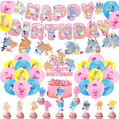 Blue Birthday Decorations, 29Pcs Cartoon Balloons Party Decorations with Cake Topper Happy Birthday Banner, Party Supplies for Kids Boys Girls
