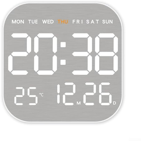 ZAMETTER Reloj de pared cuadrado de metal cepillado, reloj electrónico LED, reloj de pared digital grande (blanco)