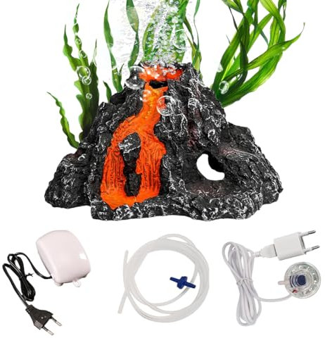 Silkwish Aquarium Dekorationen Set, Aquarium Vulkan Ornament mit Bunte LED Lichter und Blasenpumpe, Vulkan Form Luftblase Stein für Fisch Tank Dekoration Zubehör