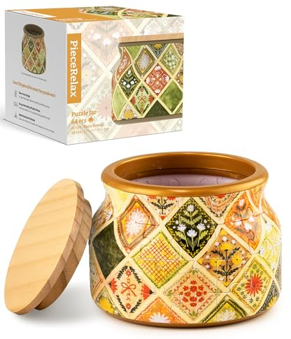 PieceRelax 3D Puzzle Jar 64 Plastic Pieces for Adults - Daisy Breeze - Wooden Lid Container for Kitchen Dining Study Living Room No Glue Requied Small [BC1025]
