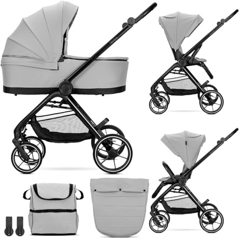 Lorelli Kinderwagen Venice 2 in 1 inkl. Babywanne und Sportsitz, Baby Kombikinderwagen bis 22kg, Zusammenklappbar, Große Räder, Großer Einkaufskorb, Fußsack, Federung, Organizer Tasche, Grau