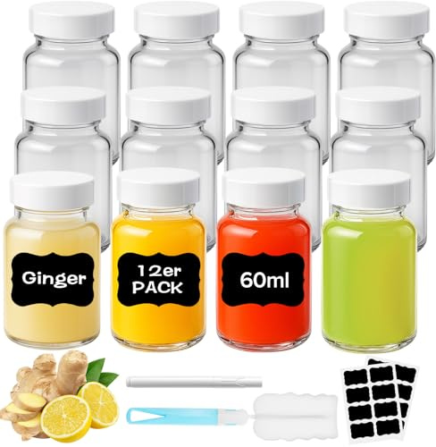 Ferenando 12 Stück Shot Flaschen zum Befüllen 60ml, Shotgläser mit Deckel | Kleine Glasflaschen zum Befüllen, Auslaufsicher, Ingwer Shot Gläser mit Deckel, Mini Flaschen für Saft | Spülmaschinenfest