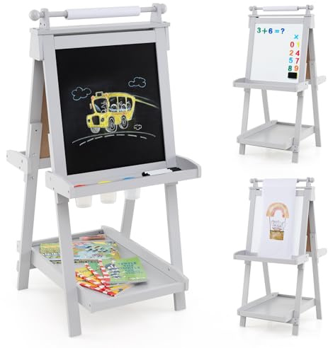COSTWAY Kids Wooden Art Easel, Double-Sided Height Adjustable Children Easels with Paper Roll, Blackboard, Magnetic Whiteboard, 3 Paint Cups, Folding Drawing Board for Boys Girls (Grey)