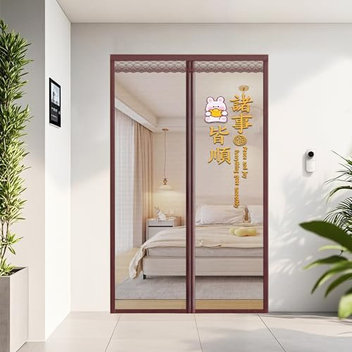 Magnetische Fliegengitter-Tür-Vorhänge, Fliegengitter, Anti-Moskito-Netzvorhang mit leistungsstarken Magneten und Vollrahmen-Magic-Klebeband, Hellbraun