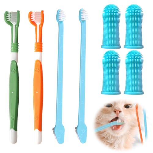 Kit complet 8 brosses à dents pour chien - Triple tête, doigt & double - Hygiène dentaire pour animaux petits/moyens/grands - Nettoyage efficace