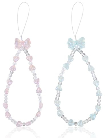 Reownest 2 Pack Phone Lanyard Charm Set - Cute Sparkling Crystal Bowknot Love Beaded Chain, Aesthetic Wrist Strap for Women Girls, Multi-Purpose Cellphone Bag Key Accessory