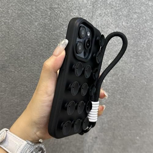 LYWZDZQ Fashion Cute Candy Liquid Silicone Suction Cup With Wrist Strap Case For iPhone 15 14 11 12 13 16 Pro Max Plus Solid Color Cover,Black,For iPhone 15Pro