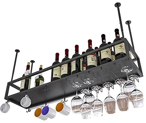 Étagère à vin réglable à suspendre avec support pour verres et étagère en métal pour rangement de bouteilles de vin et verres à champagne - Noir - 80 x 25 x 21 cm
