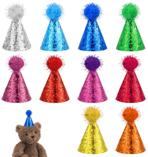 ADLABLD Confezione di 10 mini cappelli da festa con pompon per animali di peluche, mini cappelli da festa glitterati a forma di cono per animali domestici, decorazioni fai da te, mini
