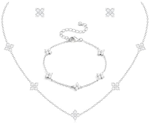 ORAZIO Dainty Silver Jewelry Set for Women Trendy 14K Gold Plated CZ Flowers Pendant Choker Necklaces for Women Stud Earrings Clover Link Bracelets Stack Jewelry Gifts for Wedding Prom Brides