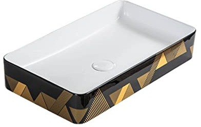 Lavabos de tocador Fregaderos for recipientes sobre encimera, fregadero de baño, cerámica, rectangular porcelana negro con líneas doradas que decoran el exterior, largo 23,6 x ancho 13,3 × alto 4