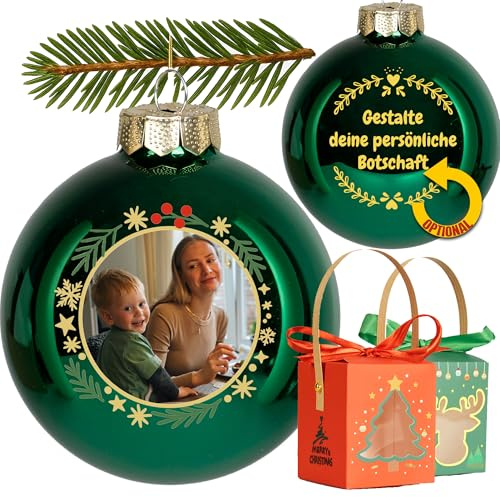 Personalisierte Weihnachtskugel mit Foto – echte runde Glas Kugel, Verschiedene Rahmen & Motive wählbar, Rückseite mit Wunschtext, inkl. Geschenkbox - für Familie, Andenken, Haustiere & Freunde