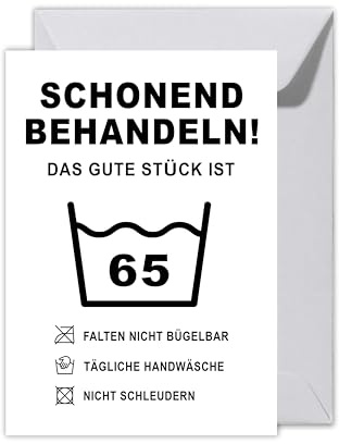 WBdesignz XXL Geburtstagskarte „Schonend behandeln! - 65 Jahre“ mit Umschlag - Lustige Karte zum 65.Geburtstag - Retro-Waschzettel-Design - witzige Klappkarte für Männer & Frauen (XXL DIN A4)