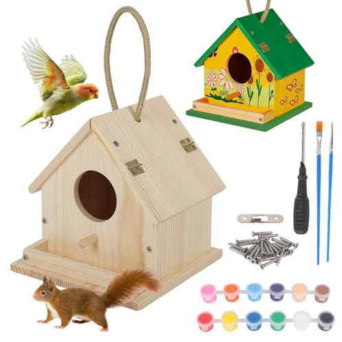 Vogelhaus aus Holz, Vogelfutterhaus zum Bemalen, Hängendes Vogelhäuschen Vogelfutterspender für Garden, Balkon, DIY Vogelkasten Basteln Set