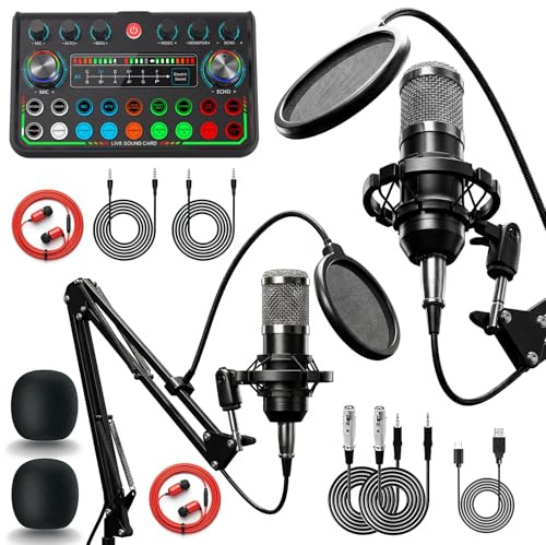 2025 Upgraded Podcast Equipment Bundle for 2, Recording Studio Kit with Dual Condenser Microphones, Audio Interface Mixer with 4 Sound Effects, Easy Setup for Podcasting, Streaming & Gaming
