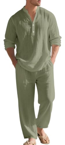 Oanviso Hombre 2 Piezas de Algodón y Lino Mangas Larga Camisa Moda Camiseta + Pantalones de Playa Deportivos Pantalón Completo Casual Traje Conjuntos Primavera Verano B Ejercito Verde M