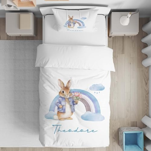 GIFTIMIZED Personalised Blue Rabbit Cot Bed Duvet Cover Set with Pillowcase, Custom Name Baby Bedding, Cute Bunny Nursery Theme, Boys Girls Toddler Quilt Cover, Woodland Animal Infant Bed Linen Decor